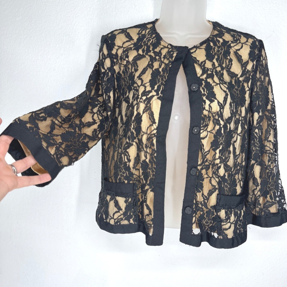 Newport News Womens Black Lace Button Front Cardigan Jacket Tan Size 4 Coquette